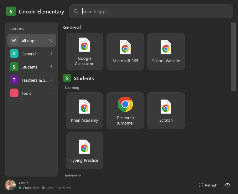 1Start Sidebar layout branded for Lincoln Elementary, showing Students, Staff and Tools sections